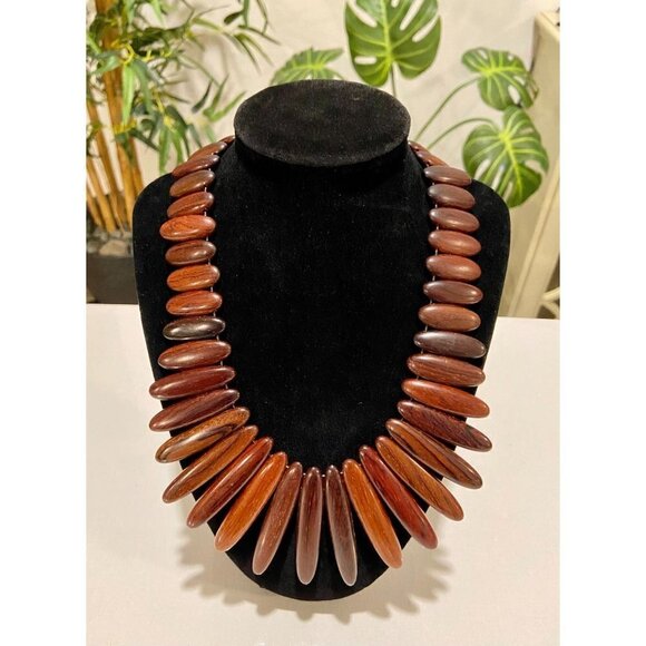 Breast Plate Necklace Graduated Wooden Beads & Stone Silver Tone Bracelet Chunky - Picture 3 of 9